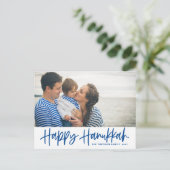 Blue Modern Calligraphy Happy Hanukkah Foto Feestdagenkaart (Staand voorkant)