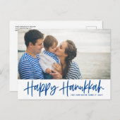 Blue Modern Calligraphy Happy Hanukkah Foto Feestdagenkaart (Voorkant / Achterkant)