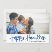 Blue Modern Calligraphy Happy Hanukkah Foto Feestdagenkaart (Voorkant)