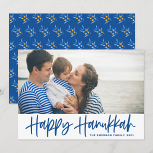 Blue Modern Calligraphy Happy Hanukkah Foto Feestdagenkaart