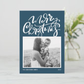 Blue Modern Calligraphy Photo Merry Kerstry Feestdagenkaart (Staand voorkant)