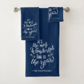Blue Modern Christmas Typography Personalized Bad Handdoek (Insitu)