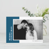 Blue Modern Color Block Merry Kerstfoto Feestdagenkaart (Staand voorkant)