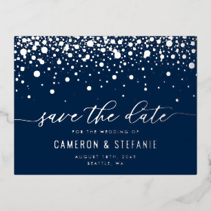Blue Modern Confetti Silver Foil Save the Date Folie Uitnodiging Briefkaart