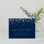 Blue Modern Confetti Silver Foil Save the Date Folie Uitnodiging Briefkaart (Staand Voorkant)