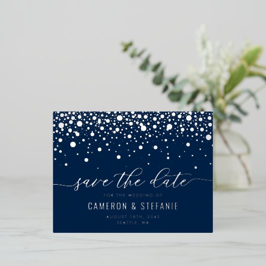 Blue Modern Confetti Silver Foil Save the Date Folie Uitnodiging Briefkaart (Staand Voorkant)