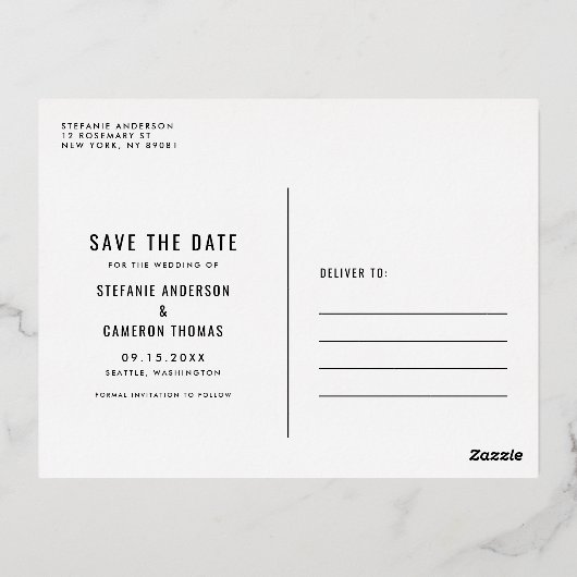 Blue Modern Confetti Silver Foil Save the Date Folie Uitnodiging Briefkaart (Achterkant)