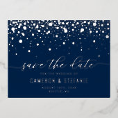 Blue Modern Confetti Silver Foil Save the Date Folie Uitnodiging Briefkaart (Voorkant)