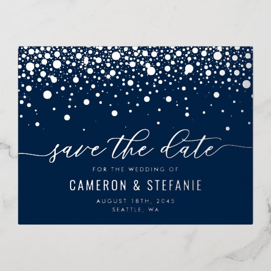 Blue Modern Confetti Silver Foil Save the Date Folie Uitnodiging Briefkaart (Voorkant)