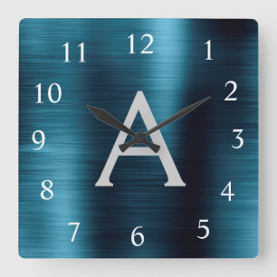 Blue Modern Elegant Metallic Monogram Naam Vierkante Klok