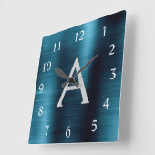 Blue Modern Elegant Metallic Monogram Naam Vierkante Klok (Hoek)