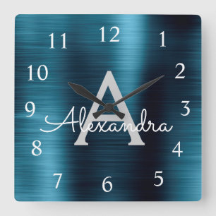 Blue Modern Elegant Metallic Monogram Naam Vierkante Klok