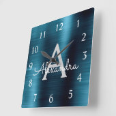 Blue Modern Elegant Metallic Monogram Naam Vierkante Klok (Hoek)