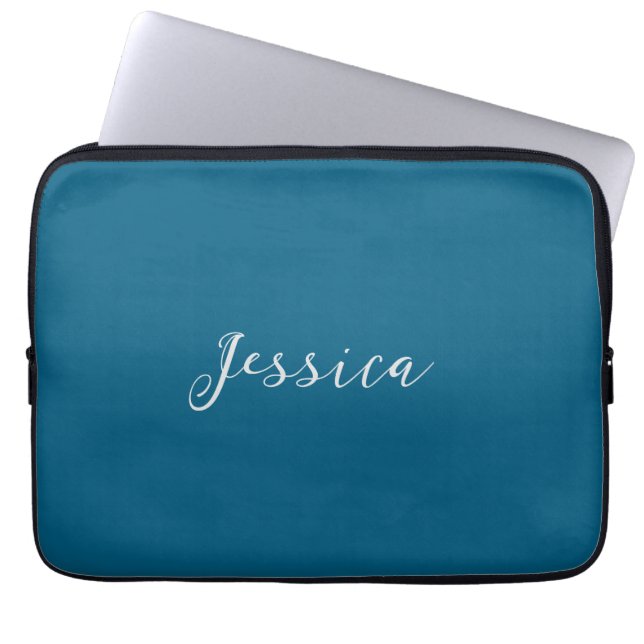 Blue Modern Elegant Plain Simple Professional Name Laptop Sleeve (Voorkant)