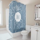 Blue Modern Elegant Wildflower Monogram Name Douchegordijn (In situ)