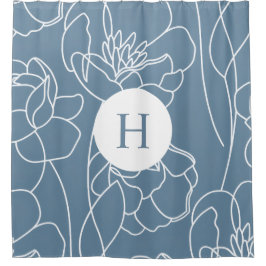Blue Modern Elegant Wildflower Monogram Name Douchegordijn