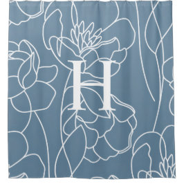 Blue Modern Elegant Wildflower Monogram Name Douchegordijn