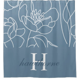 Blue Modern Elegant Wildflower Monogram Name Douchegordijn