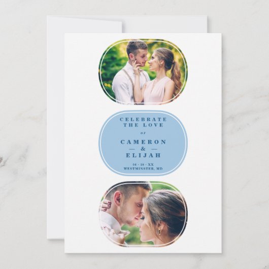 Blue Modern Fancy Oval Wedding 2 Multi Foto's Save The Date (Voorkant)