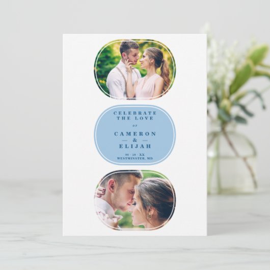 Blue Modern Fancy Oval Wedding 2 Multi Foto's Save The Date (Staand voorkant)