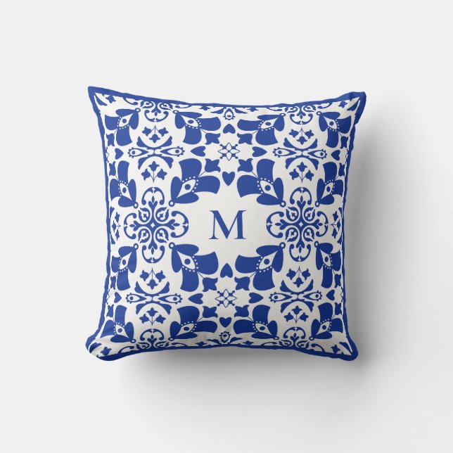 Blue Modern Floral Pattern Elegant Simple Monogram Kussen (Voorkant)
