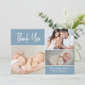 Blue Modern Handlettering Baby Fotocollage Bedankkaart (Staand voorkant)