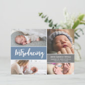 Blue Modern Handlettering Photo Collage Baby Boy Bedankkaart (Staand voorkant)