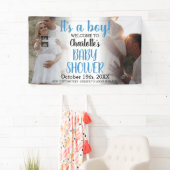 Blue Modern Het is een Boy Baby shower 2 Photo Ban Spandoek (Insitu)