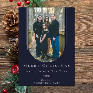 Blue Modern Inverted Boho Arch Vakantie Fotokaart Feestdagenkaart