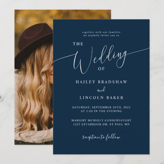 Blue Modern Minimal Photo Wedding Kaart (Voorkant / Achterkant)