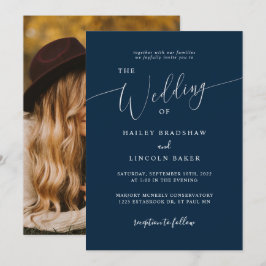 Blue Modern Minimal Photo Wedding Kaart