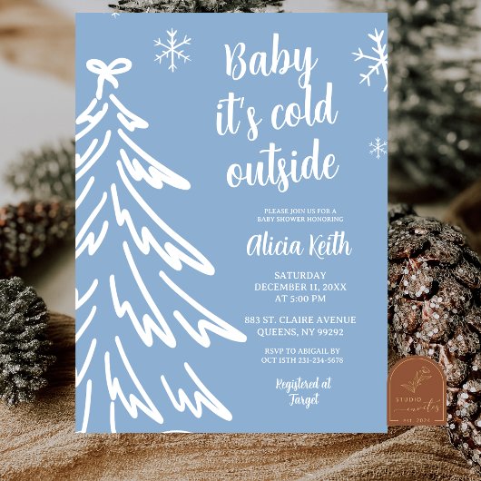 Blue Modern Minimalist Winter Baby Shower Kaart