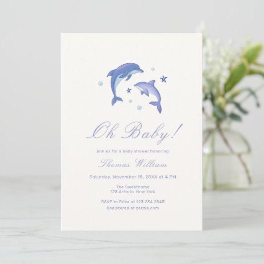 Blue Modern onder het Zee Dolphin Baby shower Kaart (Staand voorkant)