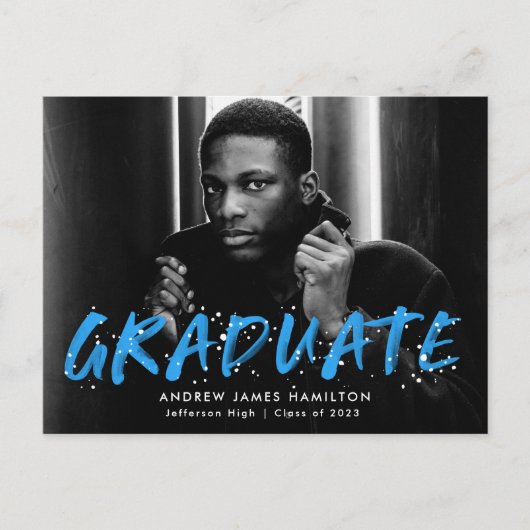 Blue Modern Paint Splatter Photo Graduparty Uitnodiging Briefkaart (Voorkant)