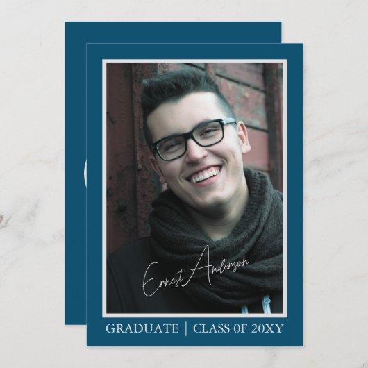 Blue Modern Photo Afstuderen Afstuderen Aankondigi Kaart (Voorkant / Achterkant)