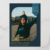 Blue Modern Photo Afstuderen Folie aangekondigd Folie Uitnodiging (Voorkant)