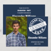 Blue Modern Photo Graduation Party Kaart (Voorkant / Achterkant)