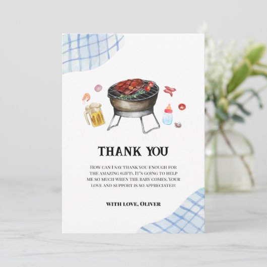 Blue Modern Plaid Retro Country Baby Q Baby shower Bedankkaart (Staand voorkant)