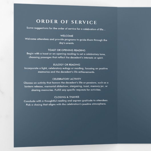 Blue Modern Script begrafenis / herdenkingsdienst Drieluik Programma (Binnenzijde eerst)