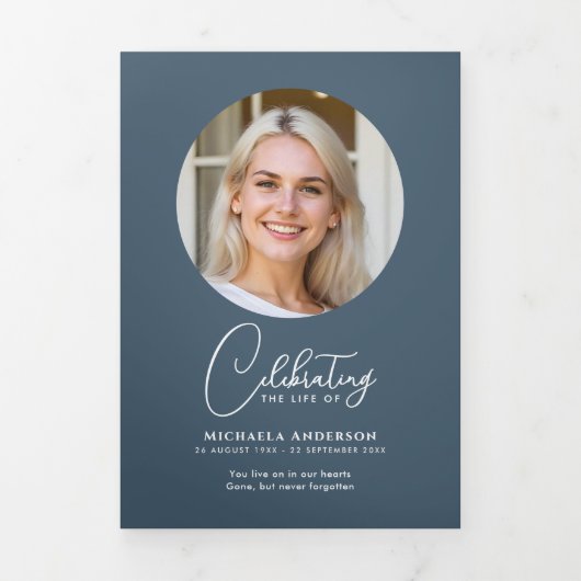 Blue Modern Script begrafenis / herdenkingsdienst Drieluik Programma (Cover)