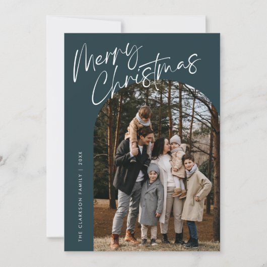 Blue Modern Script Merry Christmas Arch 2 Foto Feestdagenkaart (Voorkant)