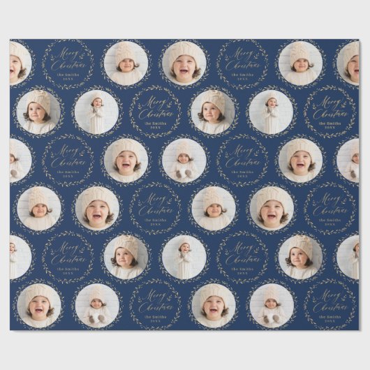 Blue Modern Script Merry Christmas Family 6 photo Cadeaupapier (Vlak)