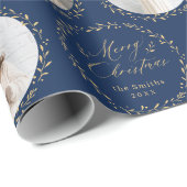 Blue Modern Script Merry Christmas Family 6 photo Cadeaupapier (Rol Hoek)