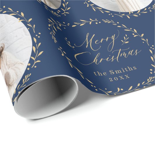 Blue Modern Script Merry Christmas Family 6 photo Cadeaupapier (Rol Hoek)