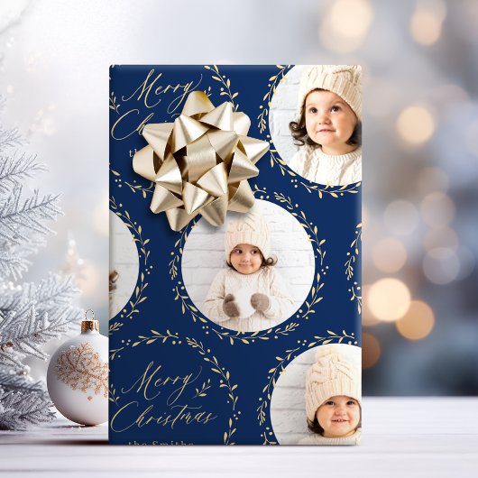 Blue Modern Script Merry Christmas Family 6 photo Cadeaupapier