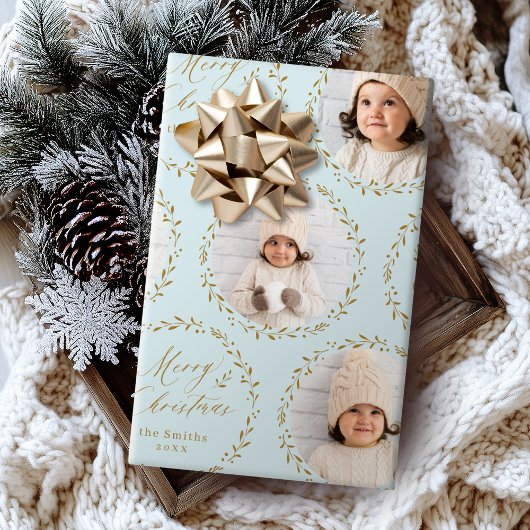 Blue Modern Script Merry Christmas Family 6 photo Cadeaupapier