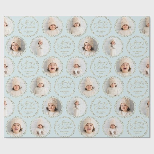 Blue Modern Script Merry Christmas Family 6 photo Cadeaupapier (Vlak)