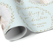 Blue Modern Script Merry Christmas Family 6 photo Cadeaupapier (Rol Hoek)