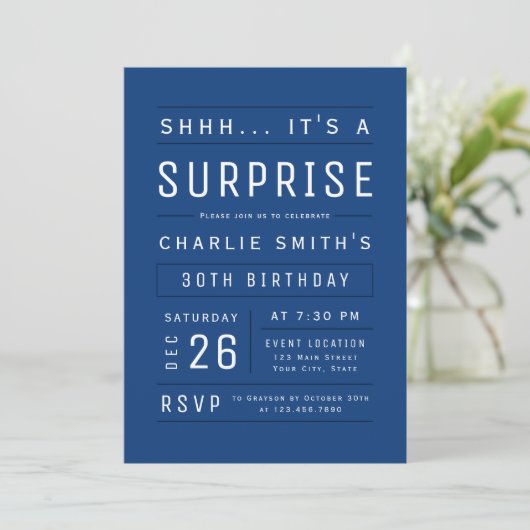 Blue Modern Simple Typography Surprise Birthday Kaart (Staand voorkant)