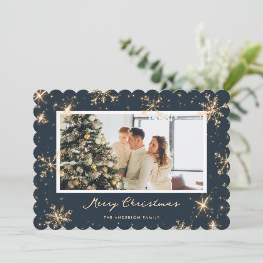 Blue Modern Snowflake Foto Vrolijke Kerst Kaart (Staand voorkant)